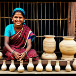 **

"A vibrant rural scene in Bangladesh showcasing local crafts: pottery, shola work, and wooden dolls. A fully clothed vendor smiles gently. Mela atmosphere, traditional clothing, appropriate content, safe for work, perfect anatomy, natural proportions, professional, family-friendly."

**