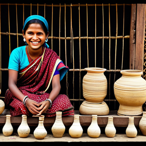 Home 11 **
"A vibrant rural scene in Bangladesh showcasing local crafts: pottery, shola work, and wooden dolls. A fully clothed vendor smiles gently. Mela atmosphere, traditional clothing, appropriate content, safe for work, perfect anatomy, natural proportions, professional, family-friendly."
**