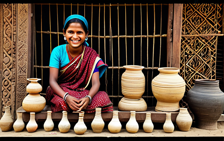 **

"A vibrant rural scene in Bangladesh showcasing local crafts: pottery, shola work, and wooden dolls. A fully clothed vendor smiles gently. Mela atmosphere, traditional clothing, appropriate content, safe for work, perfect anatomy, natural proportions, professional, family-friendly."

**