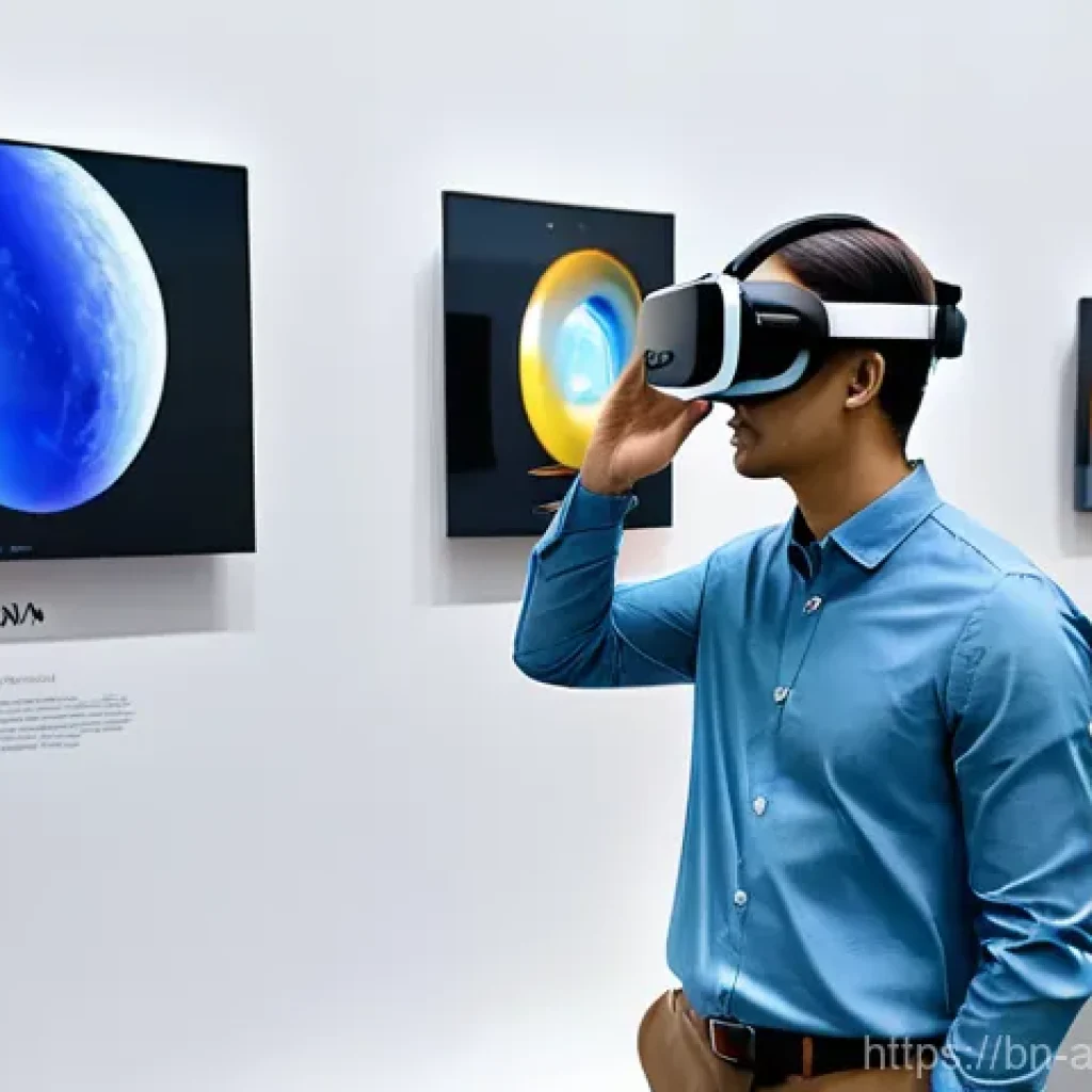 전시 기획 및 운영 - **Hybrid Exhibition Experience:**
    A bustling, modern exhibition hall with a clean, contemporary ...