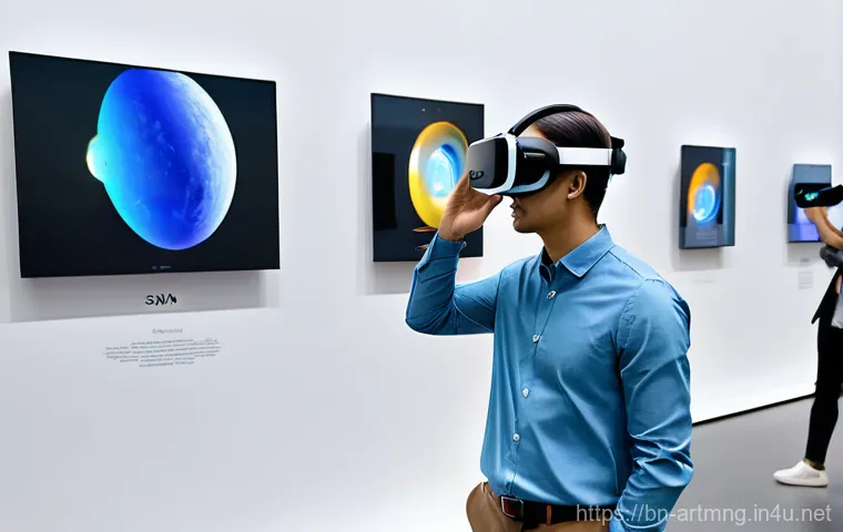 전시 기획 및 운영 - **Hybrid Exhibition Experience:**
    A bustling, modern exhibition hall with a clean, contemporary ...