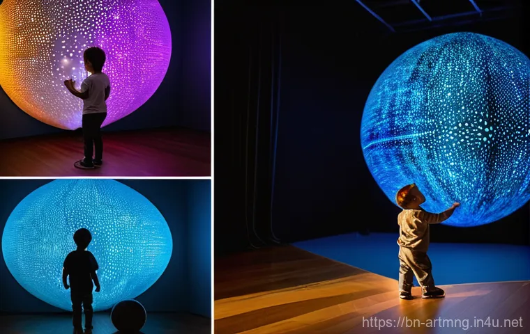 전시 기획 및 운영 - **Hybrid Exhibition Experience:**
    A bustling, modern exhibition hall with a clean, contemporary ...