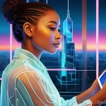 문화예술과 블록체인 - **Prompt:** A dynamic, diverse female digital artist, mid-20s, wearing stylish, contemporary clothin...