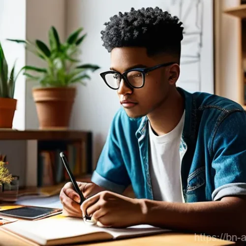 디지털 예술 비즈니스 모델 - **Prompt:** A young, vibrant digital artist, ethnically ambiguous, sits comfortably in a modern, sun...