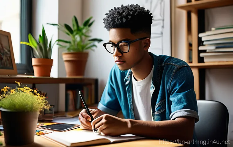 디지털 예술 비즈니스 모델 - **Prompt:** A young, vibrant digital artist, ethnically ambiguous, sits comfortably in a modern, sun...