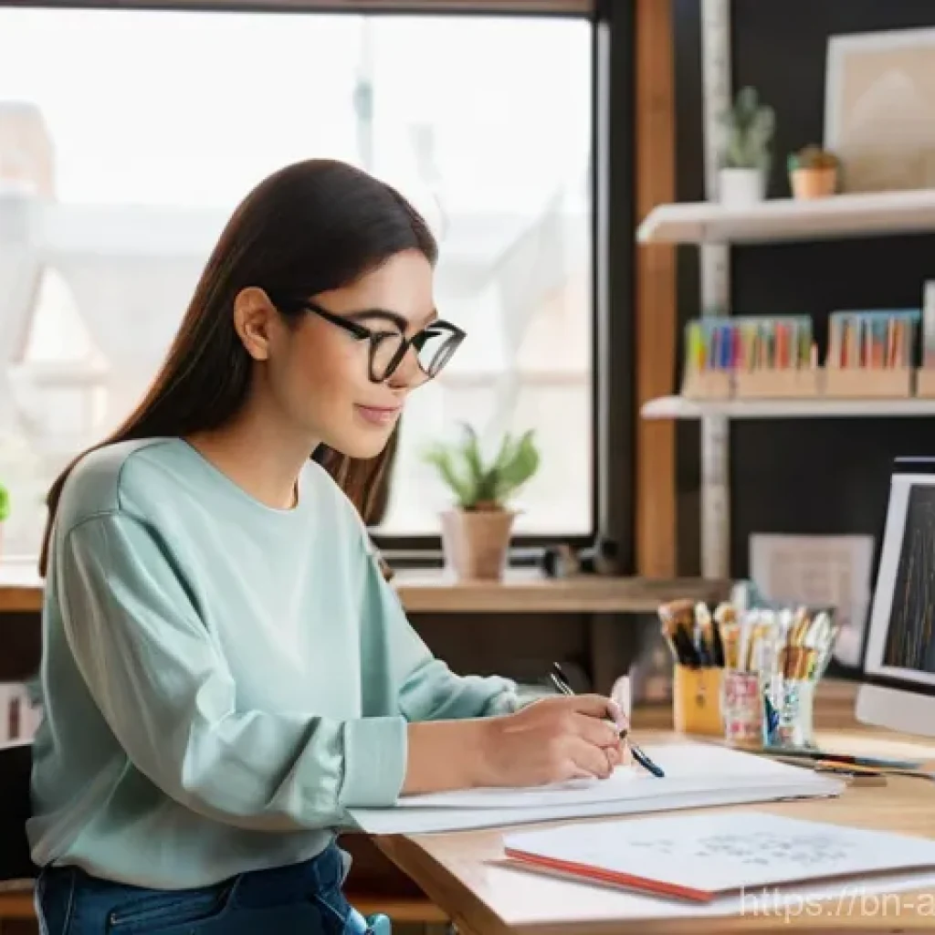 예술가를 위한 재정 관리 - **Prompt:** A female artist in her late 20s, with a warm, thoughtful expression, sitting at a clean,...