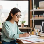 예술가를 위한 재정 관리 - **Prompt:** A female artist in her late 20s, with a warm, thoughtful expression, sitting at a clean,...