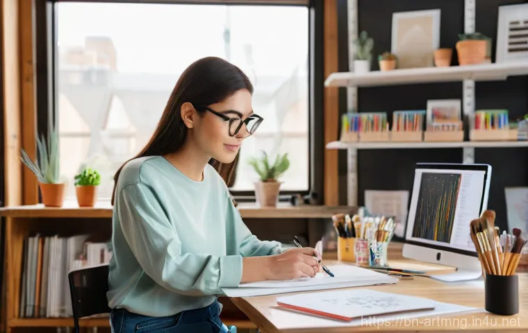 예술가를 위한 재정 관리 - **Prompt:** A female artist in her late 20s, with a warm, thoughtful expression, sitting at a clean,...