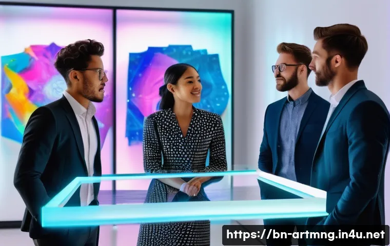 예술 시장과 경제 - A group of diverse, young professionals (both men and women, all fully clothed in stylish business a...