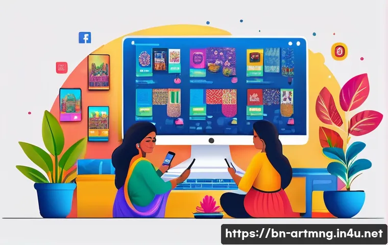 예술경영과 글로벌 마케팅 - A vibrant digital art marketplace scene showcasing Bengali artists promoting their work on social me...