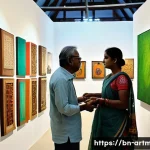 Home 22 문화예술과 지속 가능성 - A vibrant art exhibition in Bangladesh showcasing eco-friendly paintings and sculptures, artists usi...