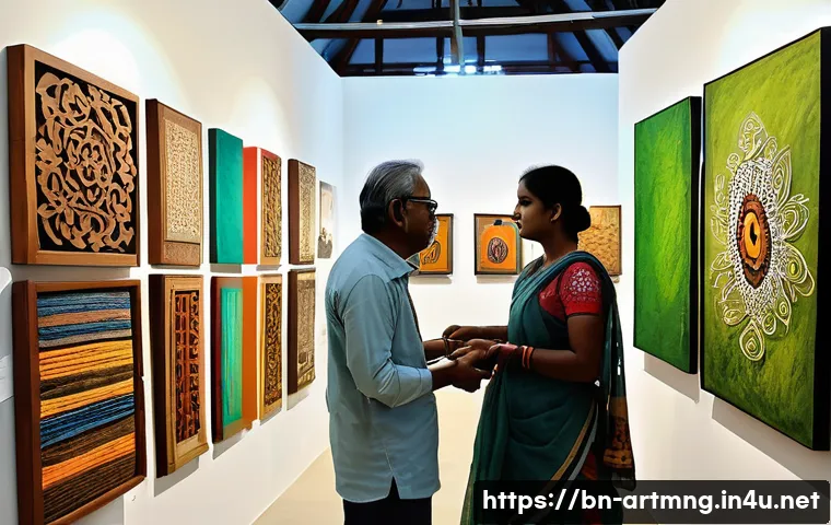 문화예술과 지속 가능성 - A vibrant art exhibition in Bangladesh showcasing eco-friendly paintings and sculptures, artists usi...
