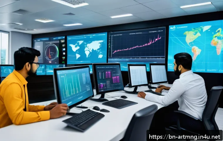 예술경영과 빅테크 협업 사례 - A modern industrial control room with a diverse team of Bengali professionals analyzing real-time da...