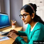 Home 20 크라우드 펀딩과 예술 - A vibrant digital art workspace featuring a Bengali female artist sitting at a modern desk with a la...