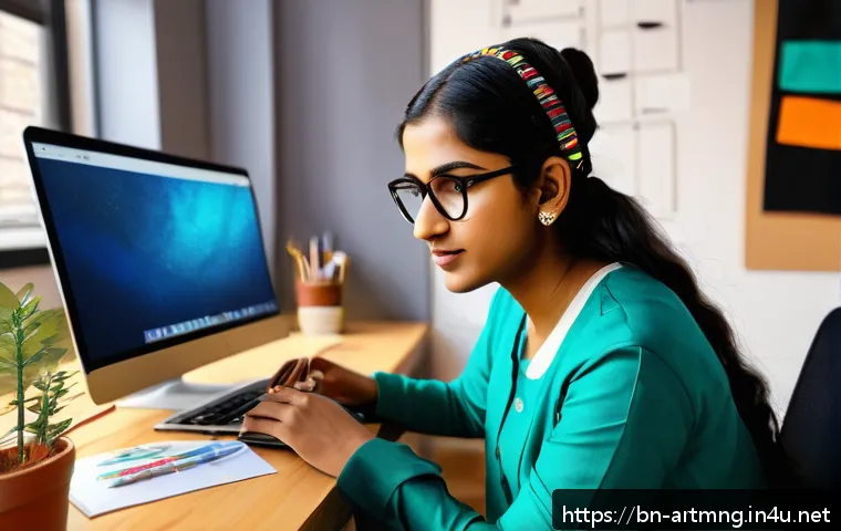 크라우드 펀딩과 예술 - A vibrant digital art workspace featuring a Bengali female artist sitting at a modern desk with a la...