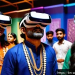 Home 19 문화콘텐츠 산업 분석 - A vibrant virtual reality museum scene showcasing Bengali cultural heritage: a diverse group of visi...