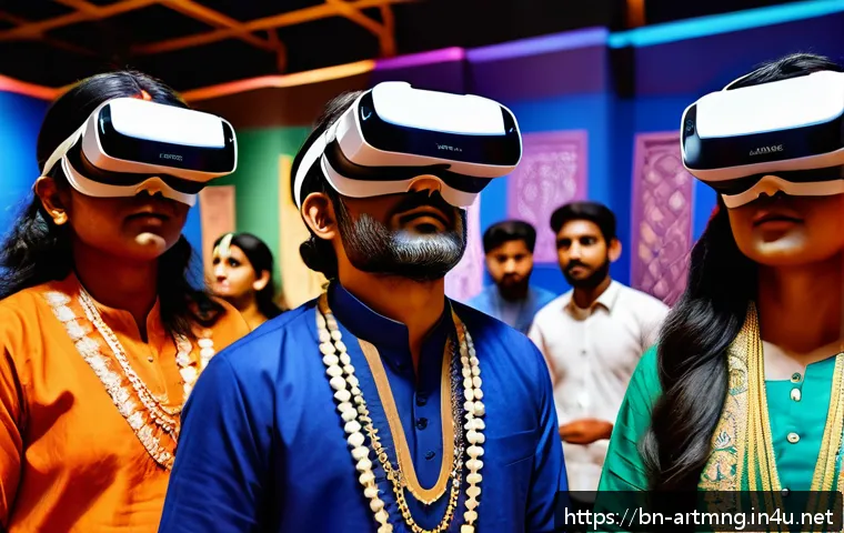 문화콘텐츠 산업 분석 - A vibrant virtual reality museum scene showcasing Bengali cultural heritage: a diverse group of visi...