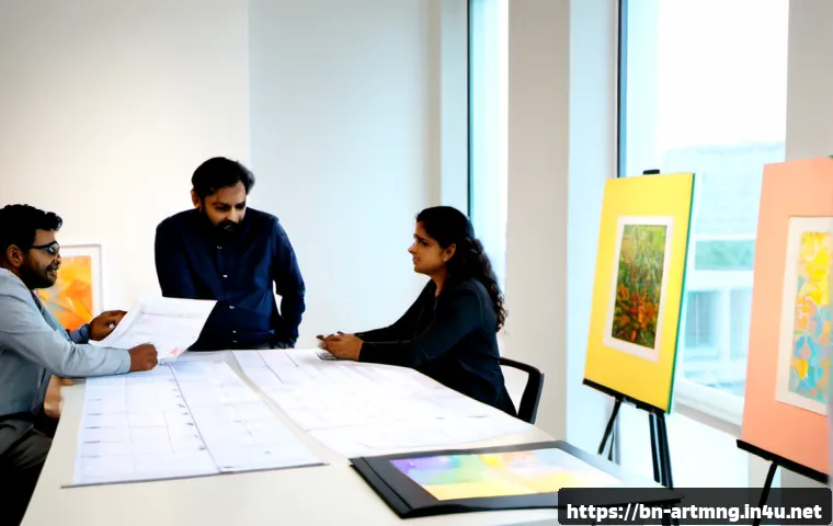 Home 17 예술 조직 운영 - Photorealistic arts organization planning meeting in a bright contemporary gallery office, diverse B...