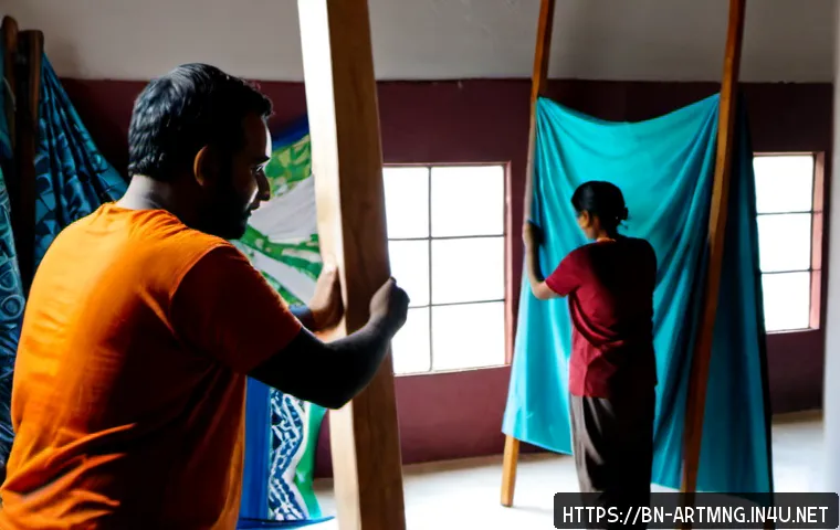 Home 17 문화예술 협업 프로젝트 - Photorealistic cultural arts collaboration project in a bright community studio, Bengali textile art...
