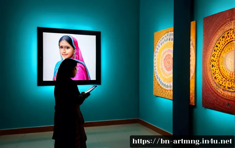 Home 17 문화예술과 스마트 기술 - Photorealistic contemporary art gallery in Bangladesh, a Bengali female artist in modest colorful tr...